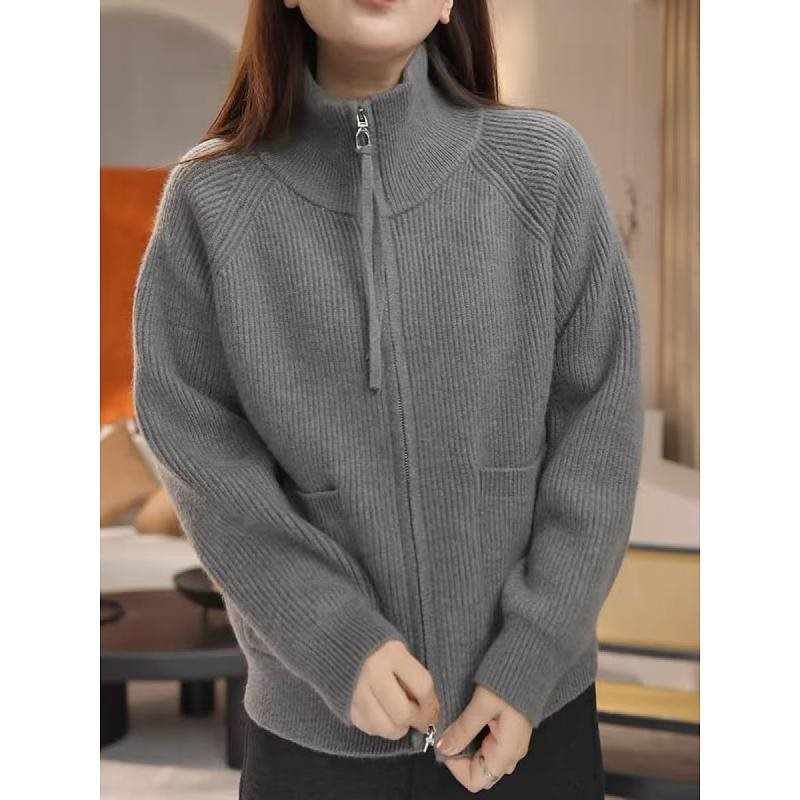 수직 칼라 지퍼 긴 소매 스웨터 가을과 겨울 2024 새로운 플러스 사이즈 통통녀 게으른 바람 느슨한 스웨터 카디건 코트