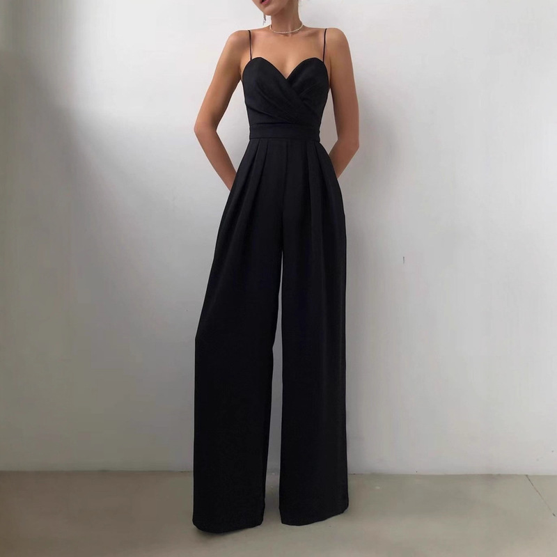 In-Stock Amazon European and American Cross-Border Popular Women's New Sexy Solid Color V-Neck Strap Waist-Cinching Wide-Leg Jumpsuit
