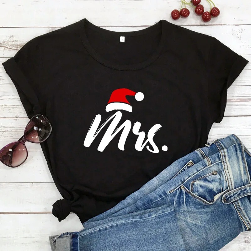 Christmas Couple T-Shirt Mr Mrs Print Couple T-Shirt Short Sleeve O-Neck Loose Couple T-Shirt Ladies Men's T-Shirt