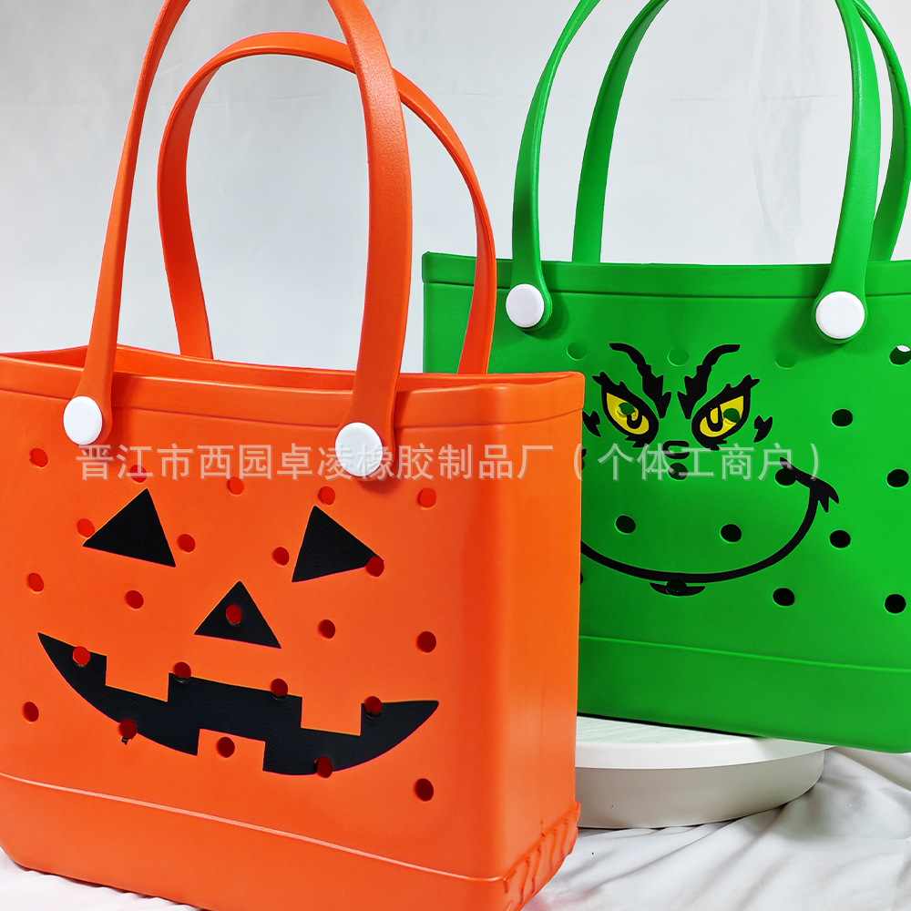 厂家直销EVA沙滩包印花南瓜头万圣节eva手提包欧美水转印洞洞包