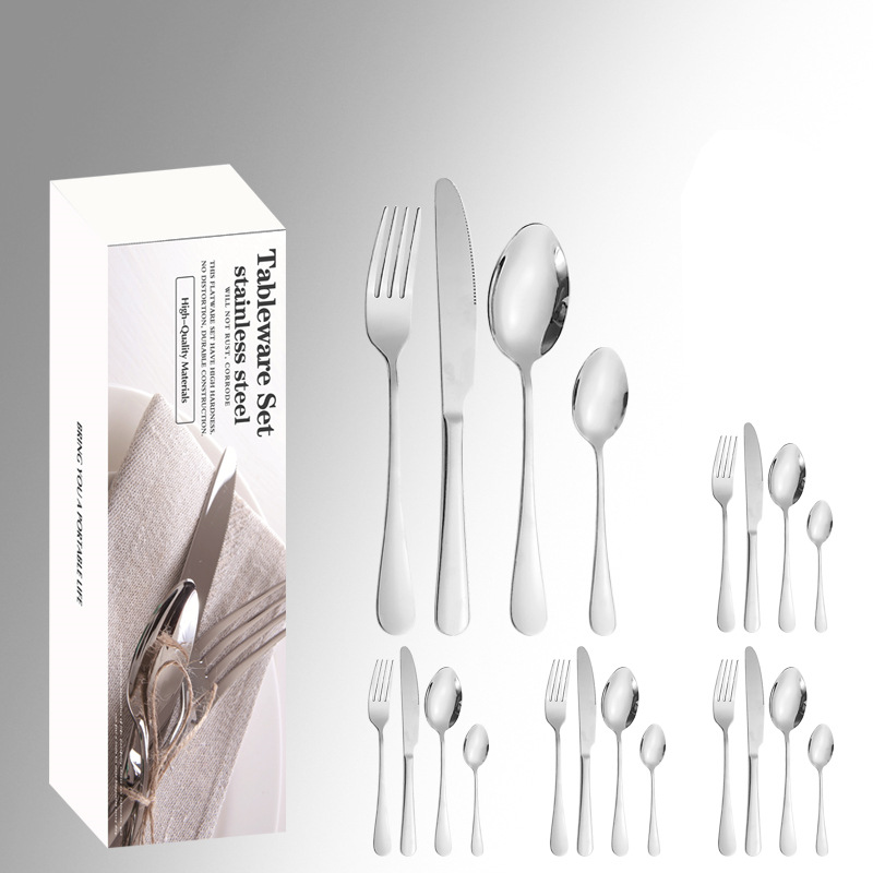 Amazon productos calientes de acero inoxidable vajilla 24 unidades traje 1010 cuatro piezas principales caja simple comida occidental cuchillo, tenedor y cuchara
