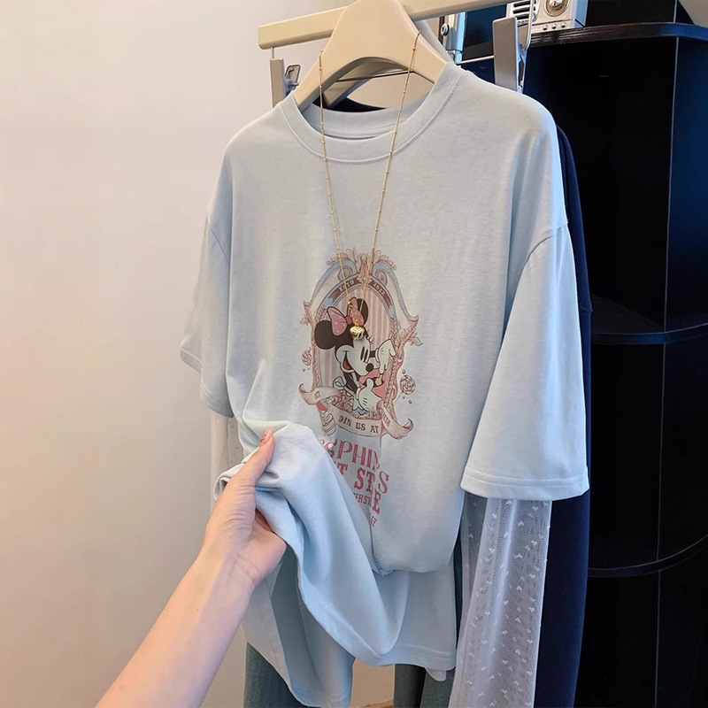 Blue Lace Mesh Splicing Long-Sleeved T-Shirt for Women 2025 Summer Korean Fake Two-Piece Design Unique Top