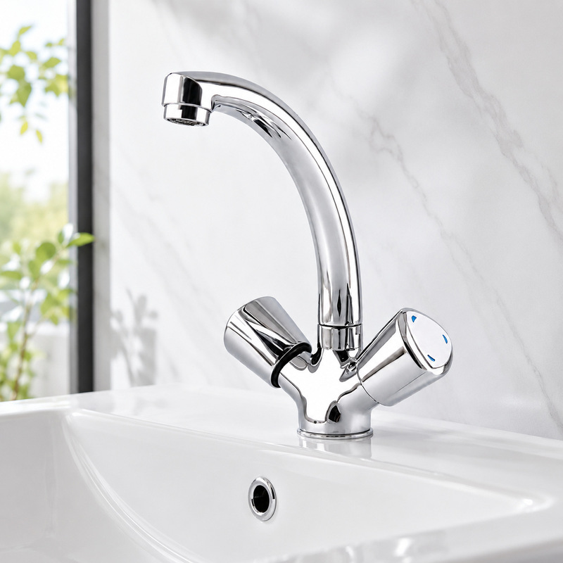 Faucet with dual handles for kitchen sinks, Russian-style spout, hot and cold water mixer, Middle Eastern zinc alloy Faucet with dual handles for kitchen sinks, Russian-style spout, hot and cold water mixer, Middle Eastern zinc alloy