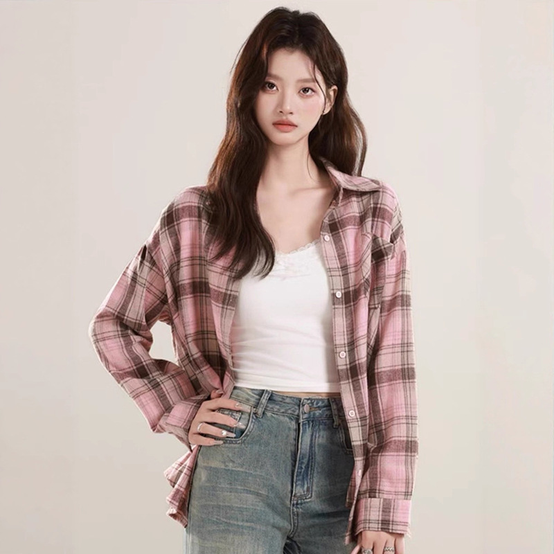 Early Autumn Hong Kong Style Ins Pink Plaid Sun Protection Shirt Women's Design Cardigan Summer Casual Long-Sleeved Top Jacket Early Autumn Hong Kong Style Ins Pink Plaid Sun Protection Shirt Women's Design Cardigan Summer Casual Long-Sleeved Top Jacket