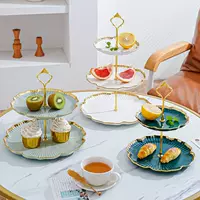 Multi-tier ceramic serving stand Nordic, 2–3 layer gold-trim dessert plate