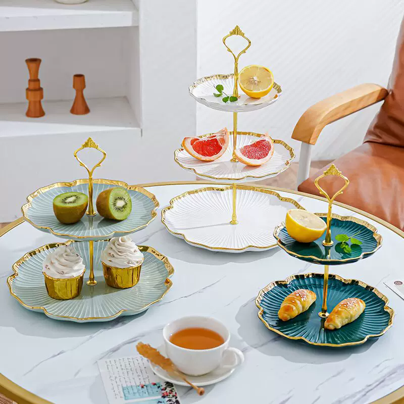 Multi-tier ceramic serving stand Nordic, 2–3 layer gold-trim dessert plate