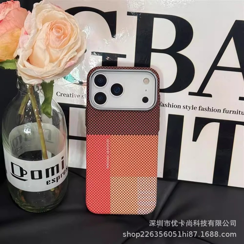 适用iPhone17promax拼色格纹磁吸手机壳凯夫拉纹苹果16超薄PC护套|undefined