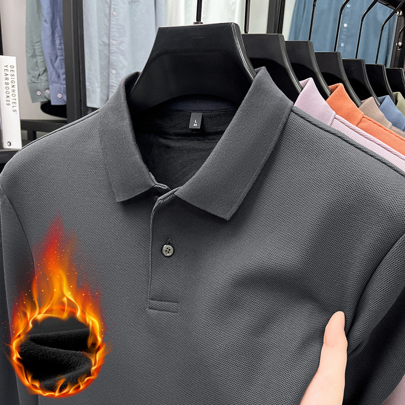 Foreign Trade Surplus Fleece-Lined Long-Sleeve Men's T-Shirt for Autumn and Winter, Thickened and Warm Solid Color Base Shirt, High-End Pure Cotton Polo Shirt