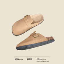 二层牛仿水松木勃肯鞋厚底拖鞋女外穿复古一字拖防滑女半包凉拖鞋