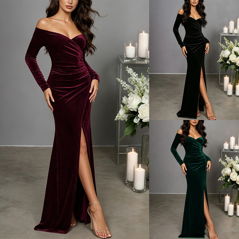 European and American Amazon one-shoulder velvet fishtail gown with long sleeves, high slit, slim-fit evening long dress
