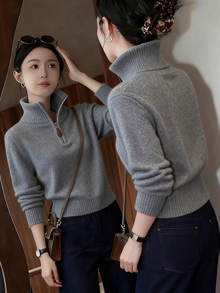 Áo len cổ lọ nữ dệt kim phối basic phong cách lười biếng — đen