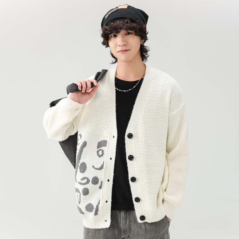 Japanese-Style Cardigan Sweater Men's Jacket Lazy Style Loose Autumn and Winter Pattern Trendy Brand High-End Casual V-Neck Knitwear