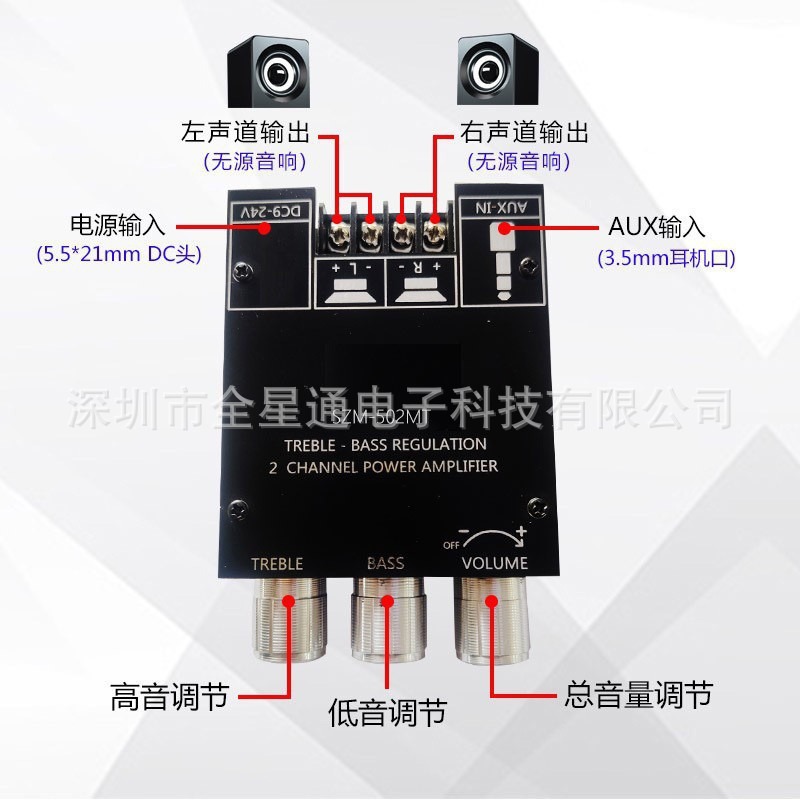 고음 및 저음 중저음 고출력 MT502를 갖춘 2.0 채널 Bluetooth 디지털 전력 증폭기 보드 모듈 전용 국경 간 공급