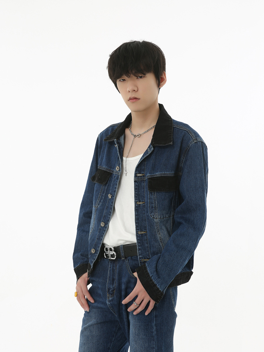 Mtlclothes ropa de Hombre | 2023 nuevo Hong Kong estilo retro contraste color costura pantalones acampanados Denim chaqueta traje moda