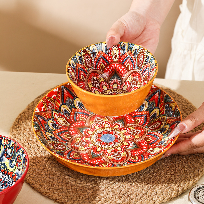 Bohemian Ceramic Rice Bowl Plate Home Cross-Border Eating Breakfast Dessert Bowl One Person Retro Tableware Set Bohemian Ceramic Rice Bowl Plate Home Cross-Border Eating Breakfast Dessert Bowl One Person Retro Tableware Set