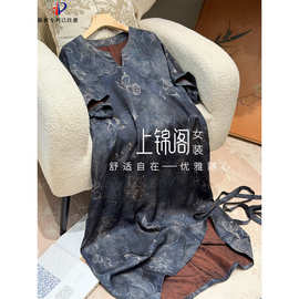 212新中式V领花萝落肩短袖连衣裙口袋夏季薄款百搭-120唐装100