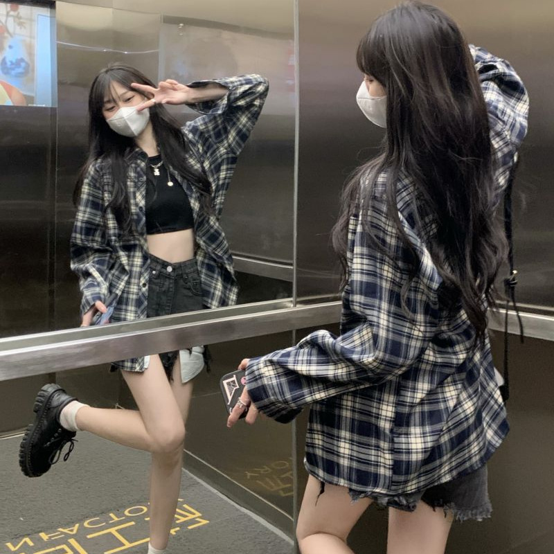 Factory Wholesale Autumn and Summer Blue and Gray Plaid Shirt Tops Women's Hong Kong Style Loose Shirt Cardigan Jacket Cross-Border Export