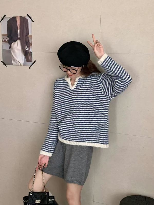 韩系文艺复古风条纹半开领针织衫毛衣女秋冬新款宽松百搭上衣1242|undefined