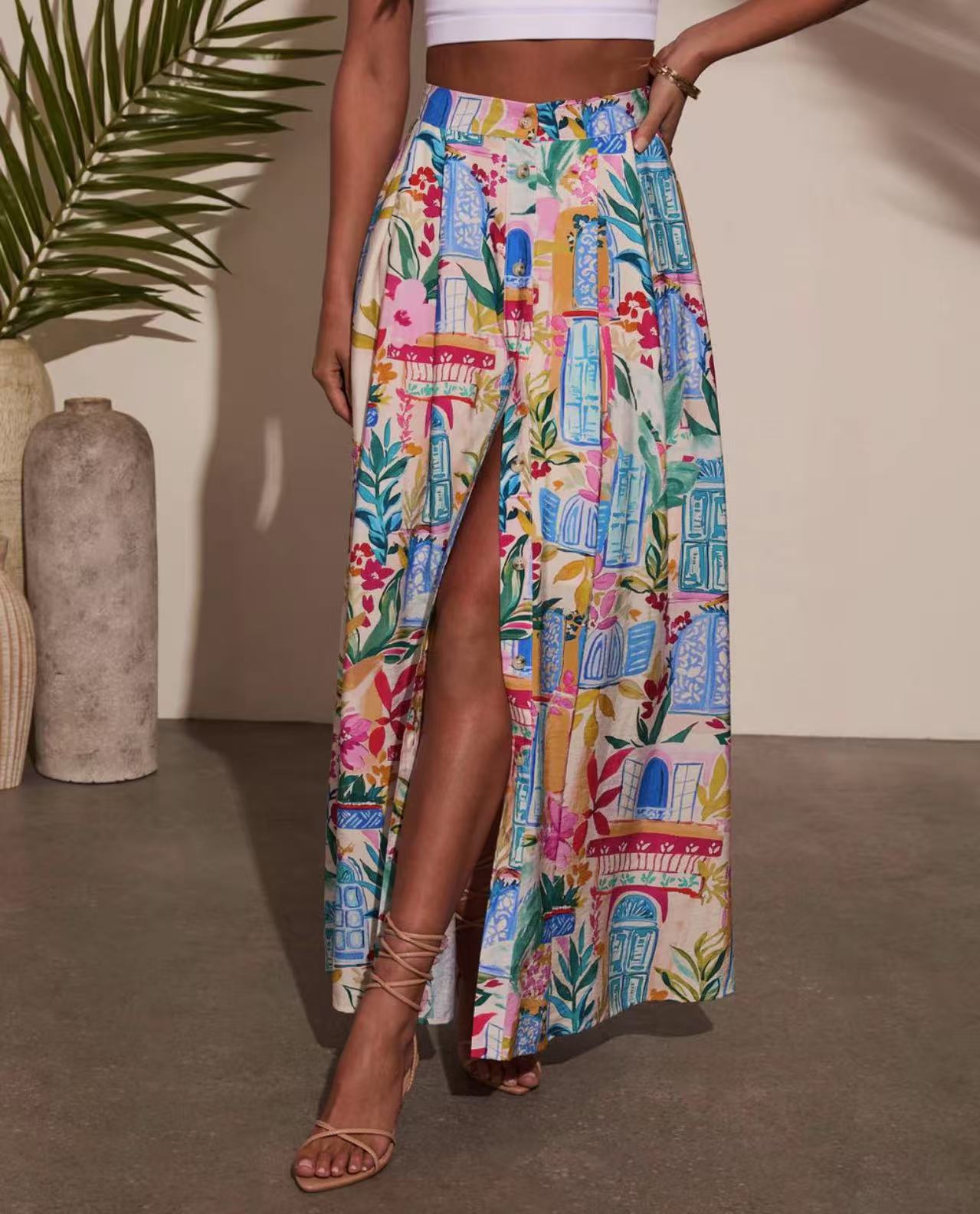 Damen Midirock Mit Druck Für Den Strandurlaub Mit Schlitz & Tasche_voghion.com