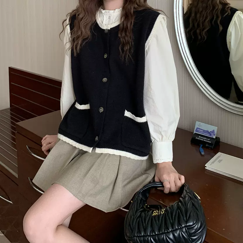 2025秋季新款设计感小众叠穿针织马甲女花边学院风毛衣开衫背心女