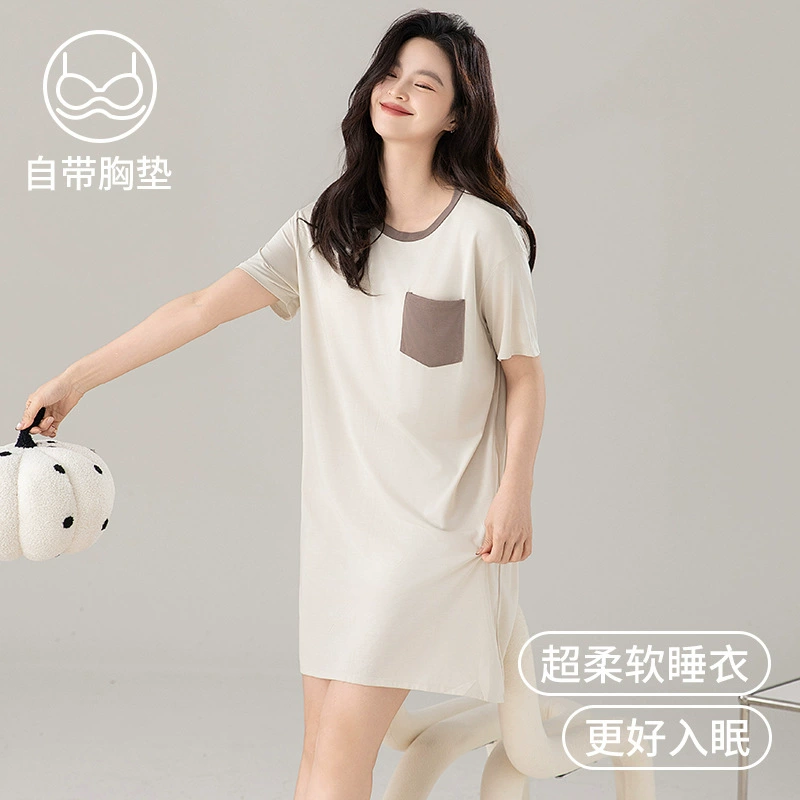 Top with cups, cotton pijama, cartoon cute thin summer short sleeve dress for leisure