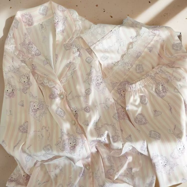 Hellokitty Ice Silk Pajamas for Women, Spring and Autumn Loungewear, Sweet Four-Piece Set with Camisole, Shorts and Long-Sleeve Top