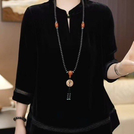 Dropshipping 2025 Autumn New Fashion Three-Quarter Sleeve Stylish Versatile Loose Slimming Velvet Base Shirt Top