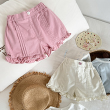女童夏季短裤2025新款儿童宝宝韩版百搭休闲蕾丝木耳边净色短裤