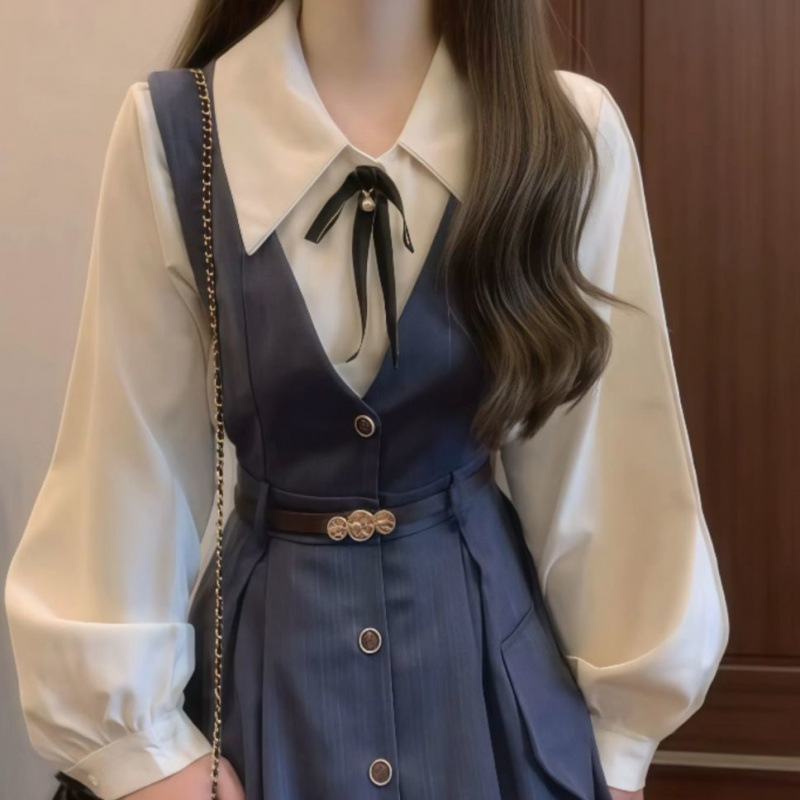 单件套装日系学院风背带连衣裙女学生百搭收腰显瘦中长款背心裙子|undefined