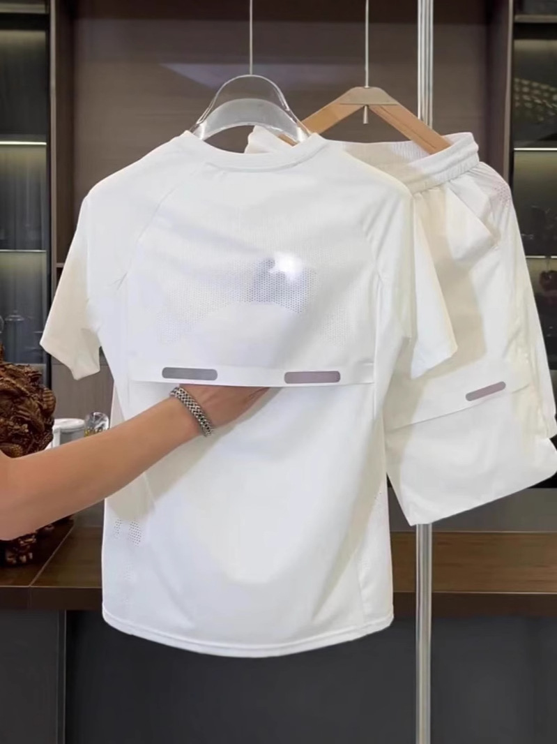 Summer Breathable Splicing Ice Silk Shirt Shorts Two-Piece Set for Men High Elastic Loose Quick-Drying Sports Casual Suit for Men