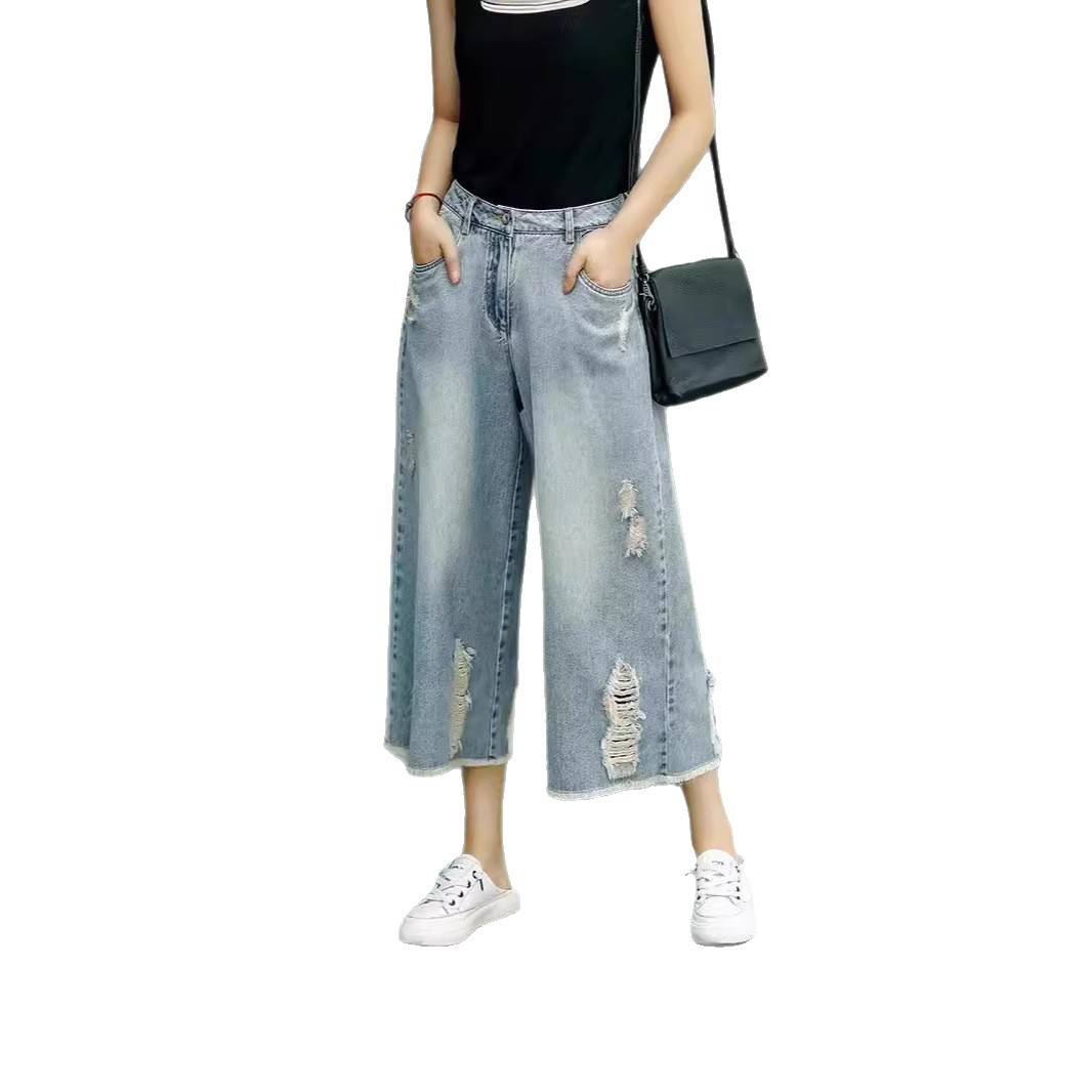 Retro Distressed Ripped High-Waisted Jeans Women's Summer Style Thin Loose Wide Leg Pants Petite Cropped Casual_ecoleips.com