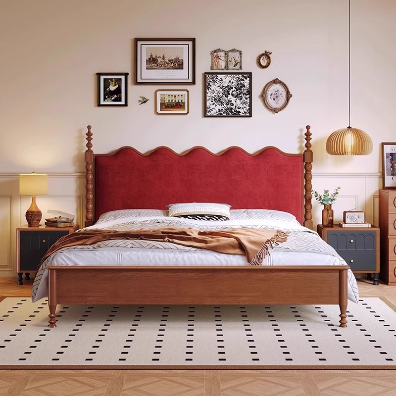 Cama doble de madera maciza de 1.8m estilo retrógrado negro americano pequeño estilo francés medieval cama principal cama de matrimonio cama individual de paquete blando