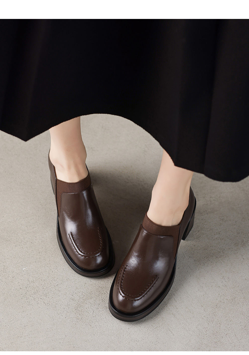Giày cao gót nữ loafer cổ điển mũi sâu gót vuông 7.5 cm da bò thật — màu nâu chi tiết 1