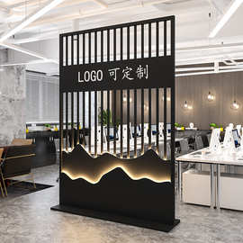 现代新中式办公室装饰屏风铁艺隔断工业风入户玄关前台形象背景墙