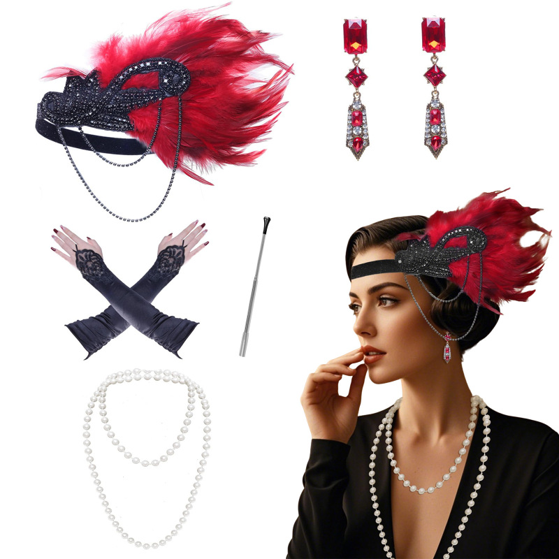 1920S Flapper Feather Headband 1920S Vintage Tassel Hairband Women's Costume Accessories Party Set 1920S Flapper Feather Headband 1920S Vintage Tassel Hairband Women's Costume Accessories Party Set