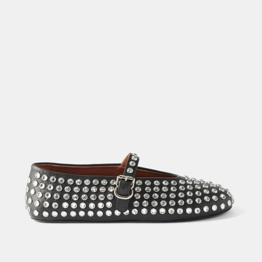 24 Spring New Korean Style Genuine Leather Round Toe Rhinestone Stud Mary Jane Shoes Women's Flat Comfortable Ballet Dance Shoes