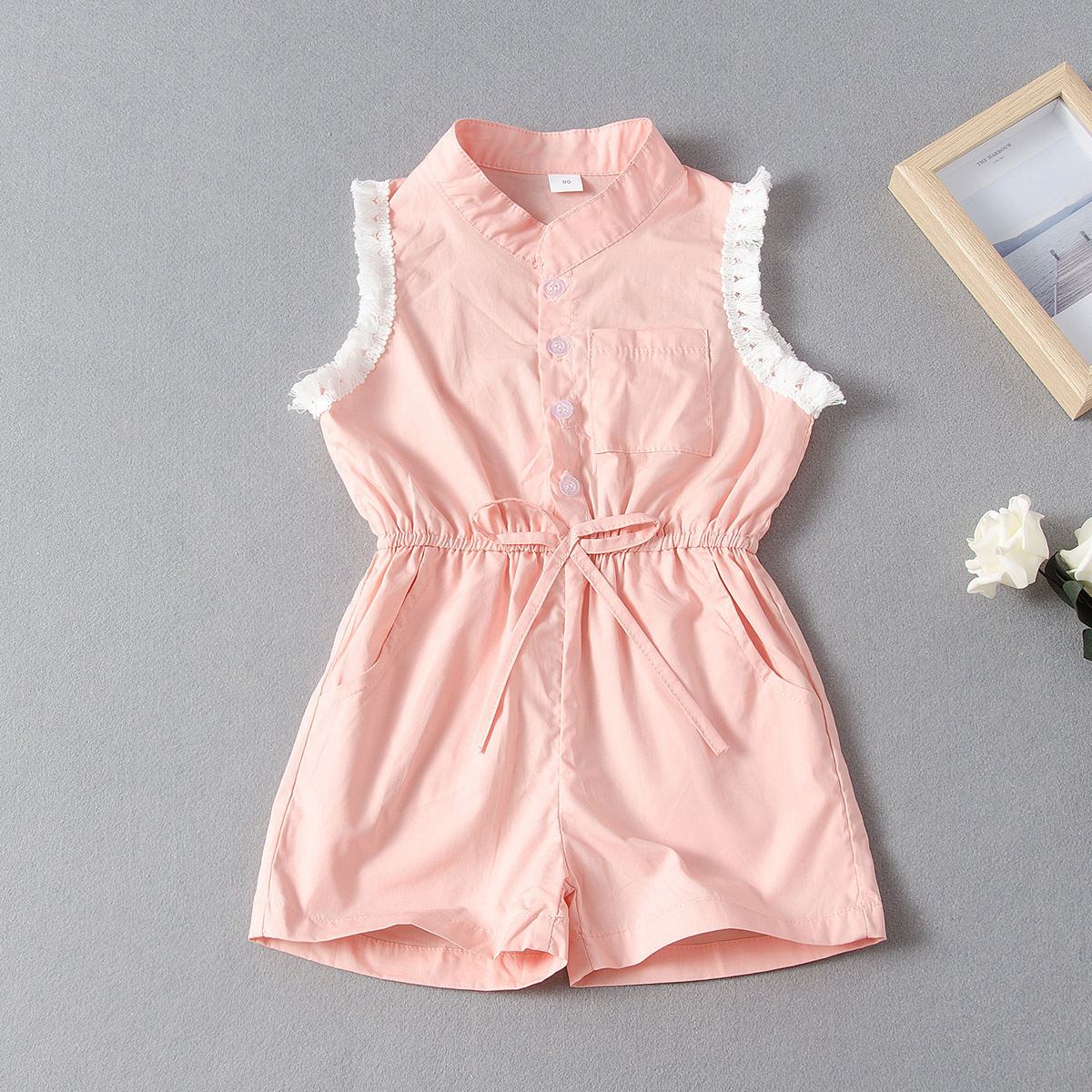 亚马逊ebay外贸新款纯色花边无袖连体衣夏季女童装女宝宝连体裤|ms