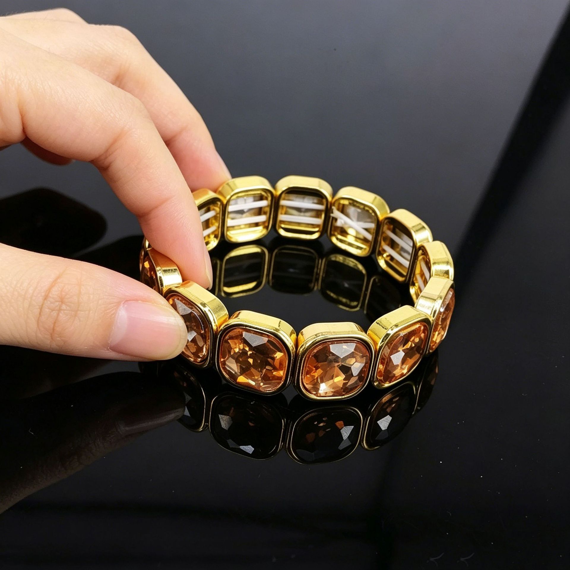 European and American Fashion Versatile 15mm Square Glass Bracelet, Simple Style Fashionable Personality Alloy Bracelet Wholesale