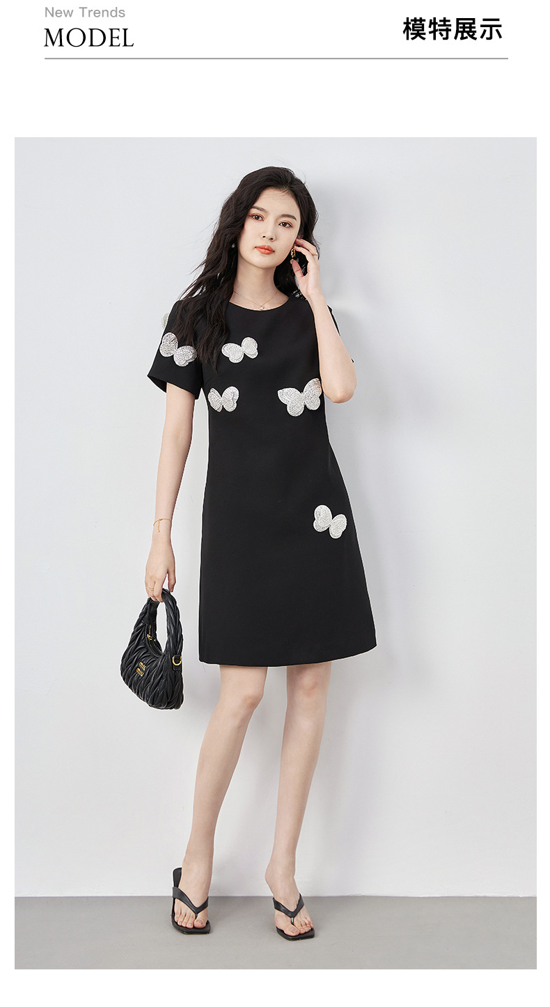 Đầm suông nữ midi tay ngắn cổ tròn, họa tiết hoa nổi sequin lấp lánh, phom suông che khuyết điểm — Màu đen chi tiết 10