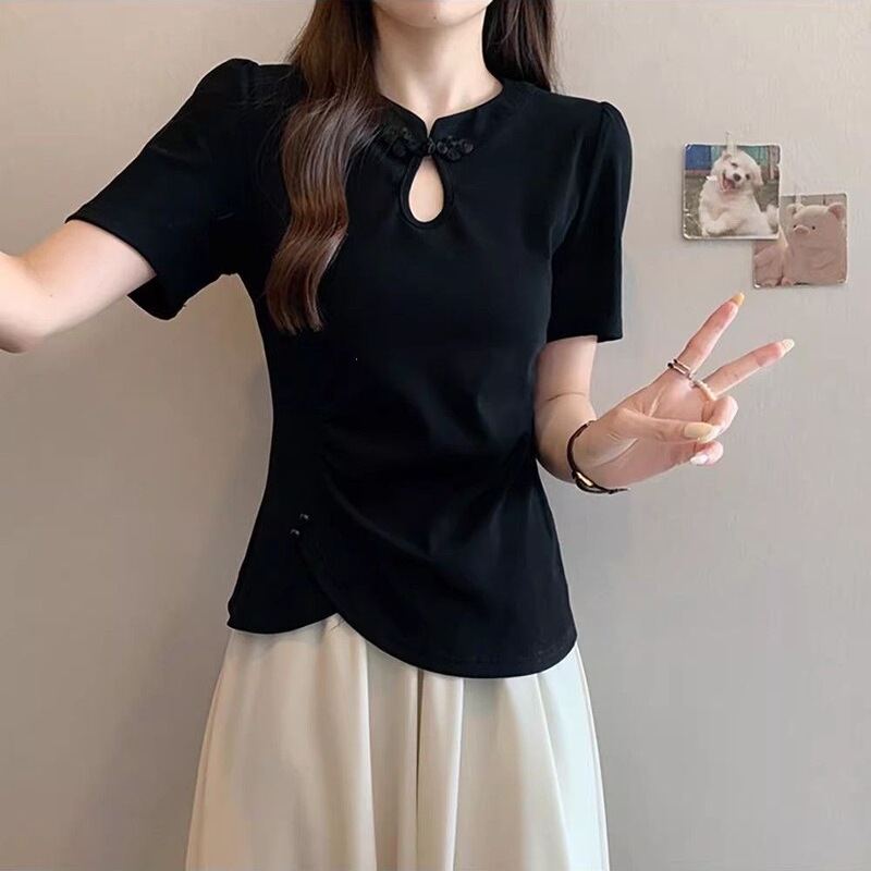 Black New Chinese-Style Irregular Button Short-Sleeve National Style T-Shirt for Women, Summer, Plus Size, Slimming, Unique Top Black New Chinese-Style Irregular Button Short-Sleeve National Style T-Shirt for Women, Summer, Plus Size, Slimming, Unique Top