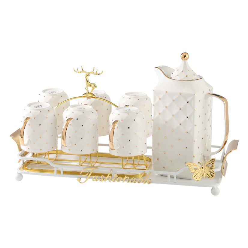 Набор керамических чашек для воды в европейском стиле с чайником и чашками с золотой росписью, подарок на новоселье, свадебный подарок, подарок на праздник середины осени