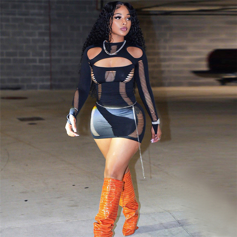 2024 spring new personalized street design cut mesh hollow tight waist sheath dress