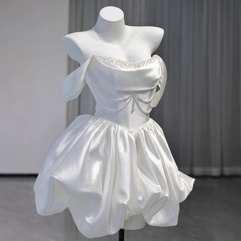 Satin Off-The-Shoulder Light Wedding Dress, French-Style Short Dress for Marriage Registration, Engagement Dress, Birthday Party, Banquet, White Cocktail Dress Satin Off-The-Shoulder Light Wedding Dress, French-Style Short Dress for Marriage Registration, Engagement Dress, Birthday Party, Banquet, White Cocktail Dress
