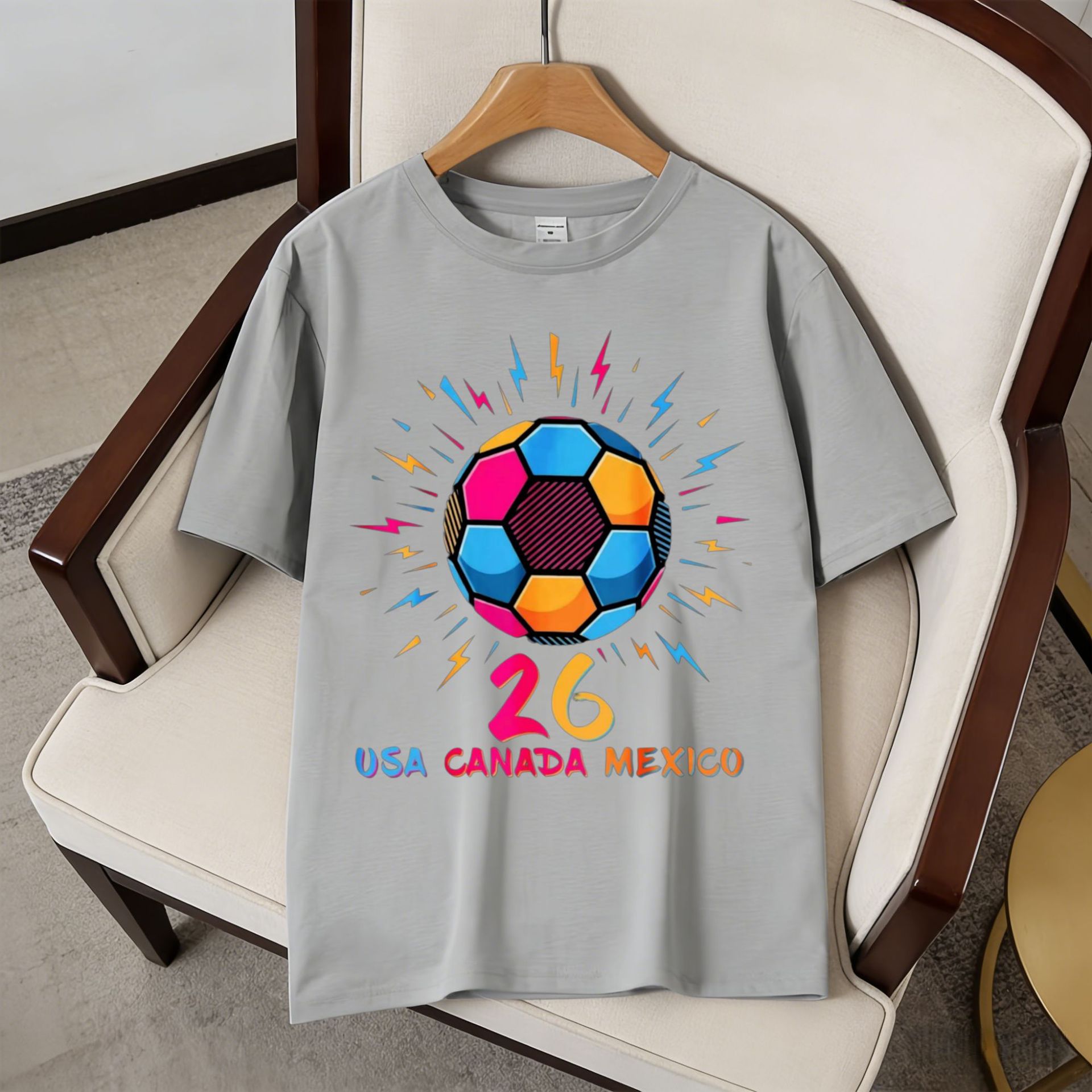 2026 World Cup Theme US-Canada-Mexico Lightning Football Printing Short Sleeve Fan Commemorative T-Shirt_viptrois.com