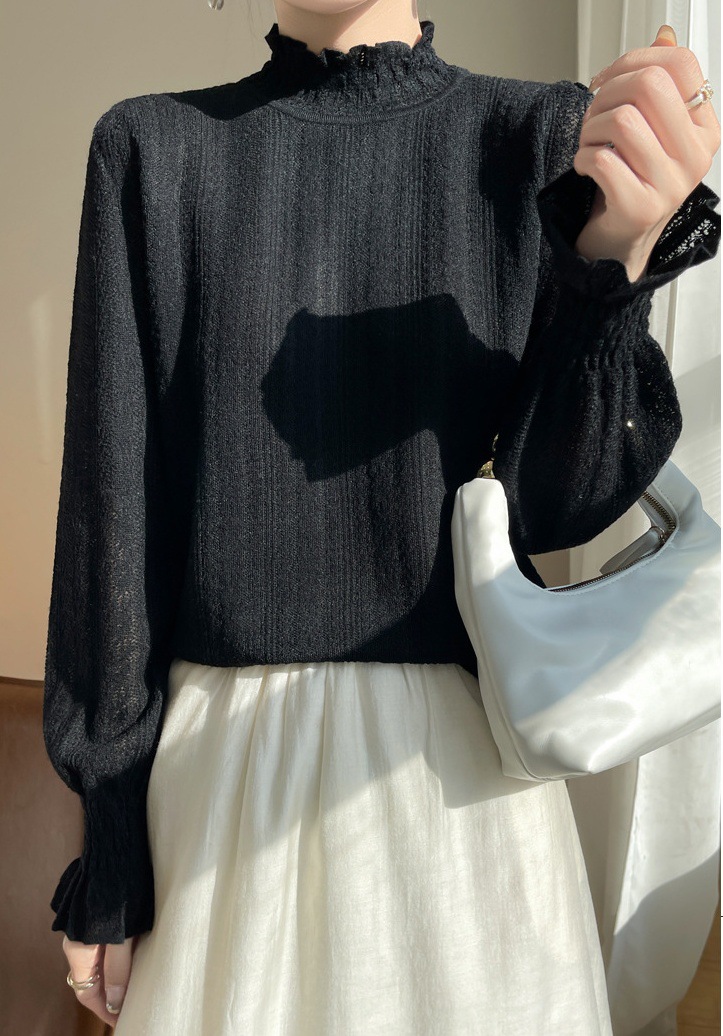 Hormigón de encaje de cuello medio alto jersey de punto para mujeres 2024 otoño y invierno nuevo suelto delgado envejecimiento camisa de manga larga