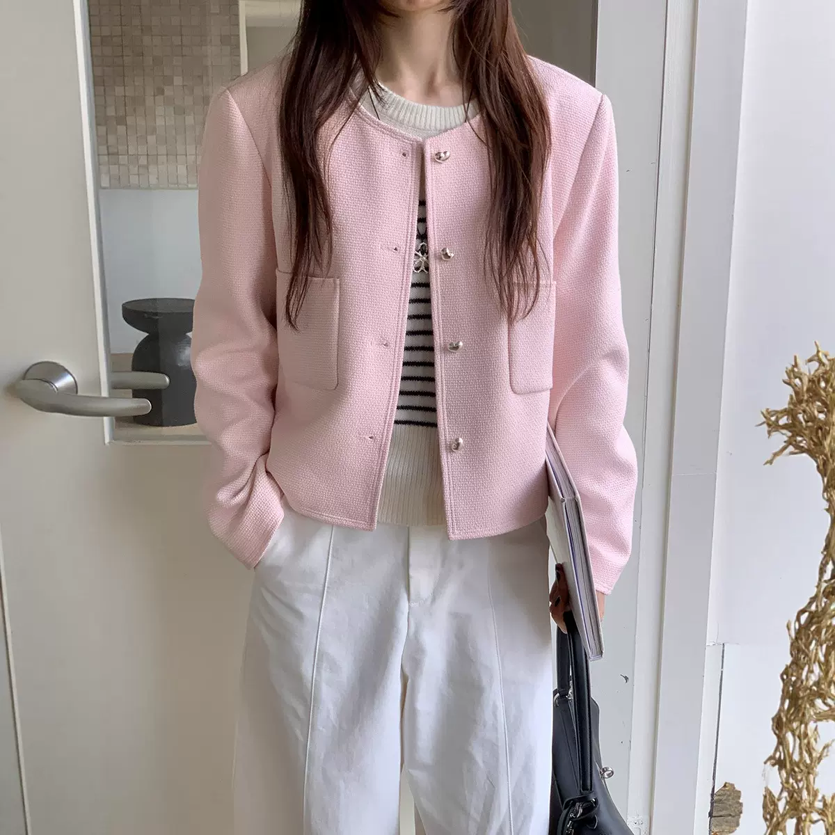韩国东大门平替秋季新款女装圆领小香风外套单排扣长袖休闲上衣