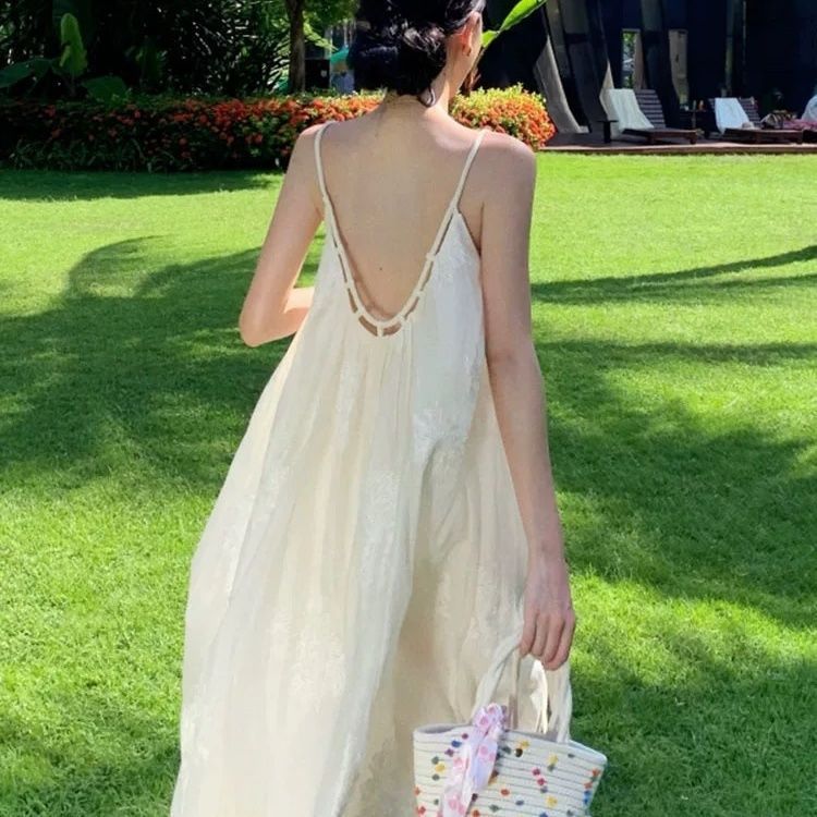 300斤初恋吊带仙女连衣裙女夏沙滩裙休闲宽松露背无袖背心长裙子|undefined