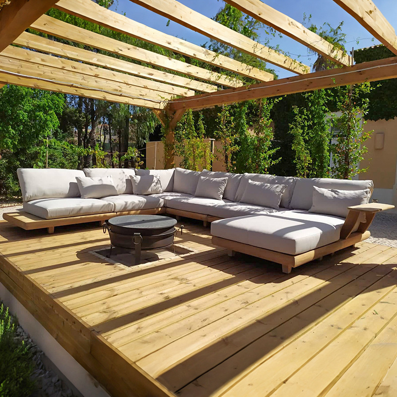 Sofá al aire libre patio villa al aire libre impermeable protección solar muebles de teca combinación de jardín al aire libre terraza sofá de madera maciza