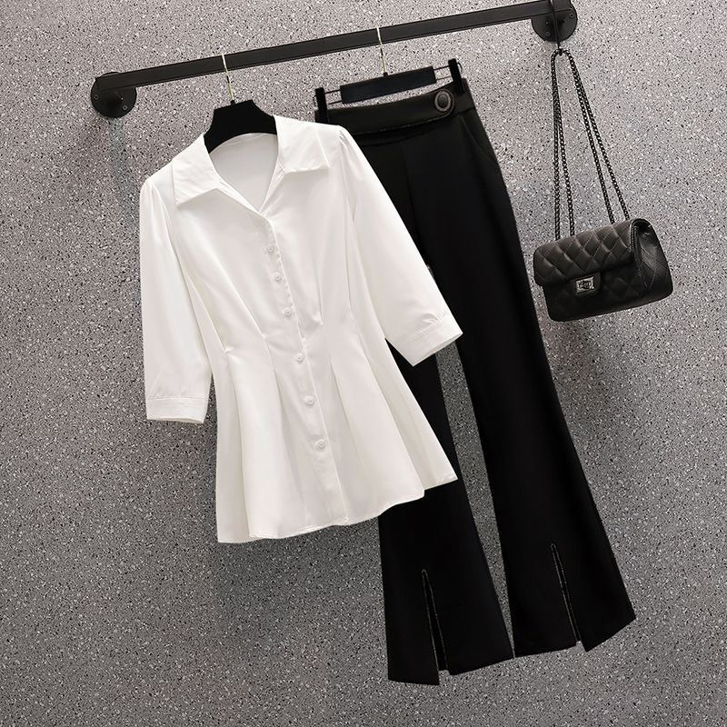 Women's Clothing Plus Size Women's Clothing To Cover The Belly And Make You Look Thin Shirt Solid Color Slit Flared Pants Two Piece Suit_voghion.com