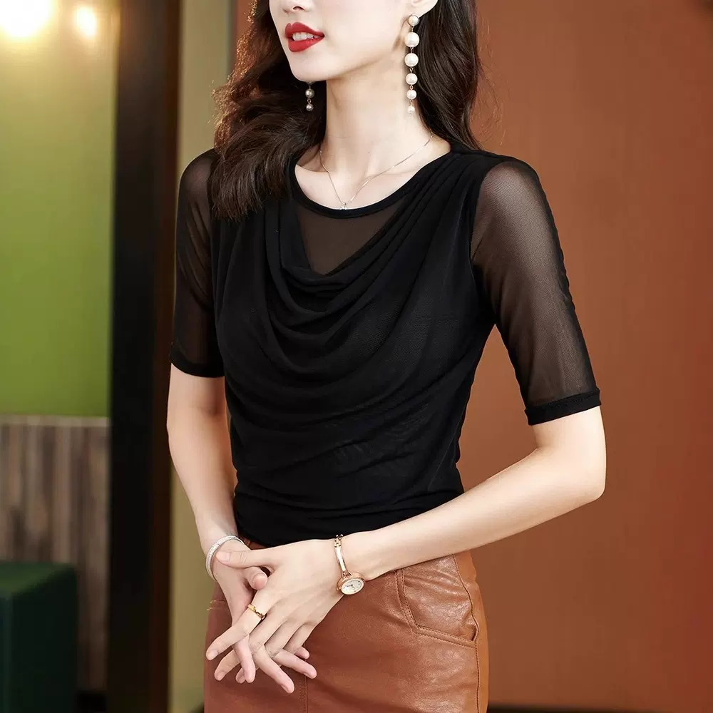 夏季网纱女士T恤新款2025短袖上衣女洋气遮肚半袖大码女人味小衫